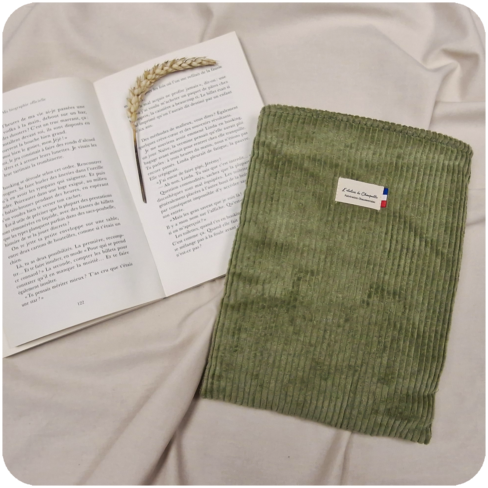 Housse de livre Velours Vert Kaki Clair