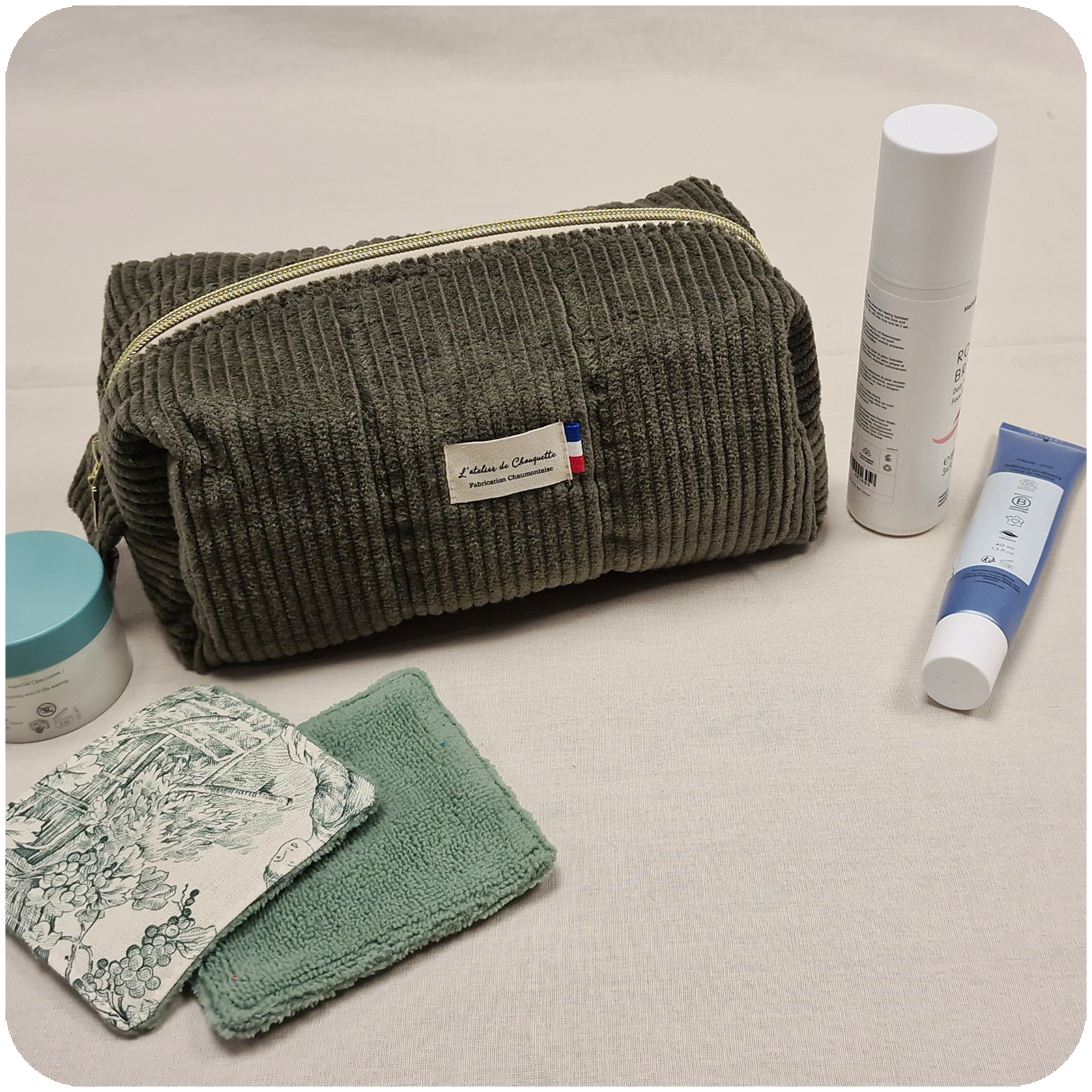Trousse de toilette Velours Kaki Foncé